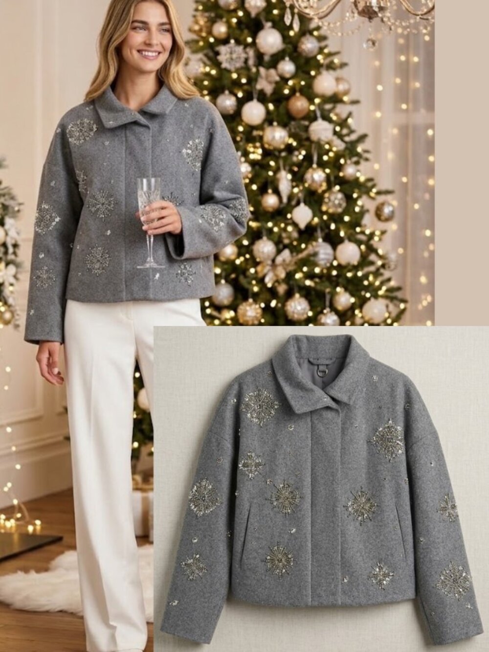 NVLT Stand Collar Embellished Cropped Coat Charcoal Gray Beaded Sequin